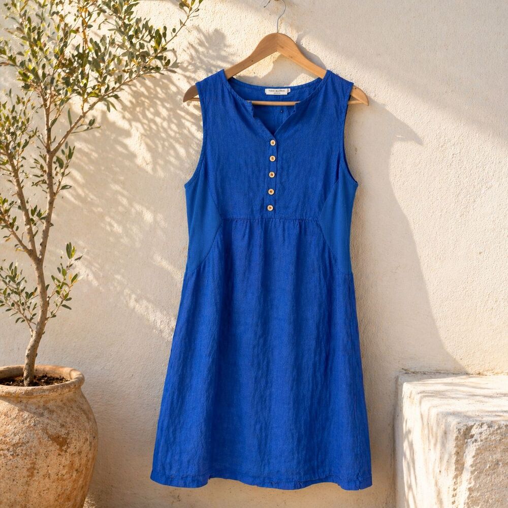Terzo Millennio Dress Womens M Blue Linen Tank Sleeveless Beach Resort Coastal